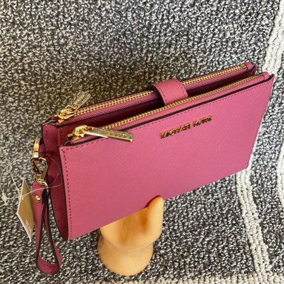 Michael Kors Jet Set Travel Large Double Zip Wristlet Wallet Rosewood Leather - Picture 3 of 16